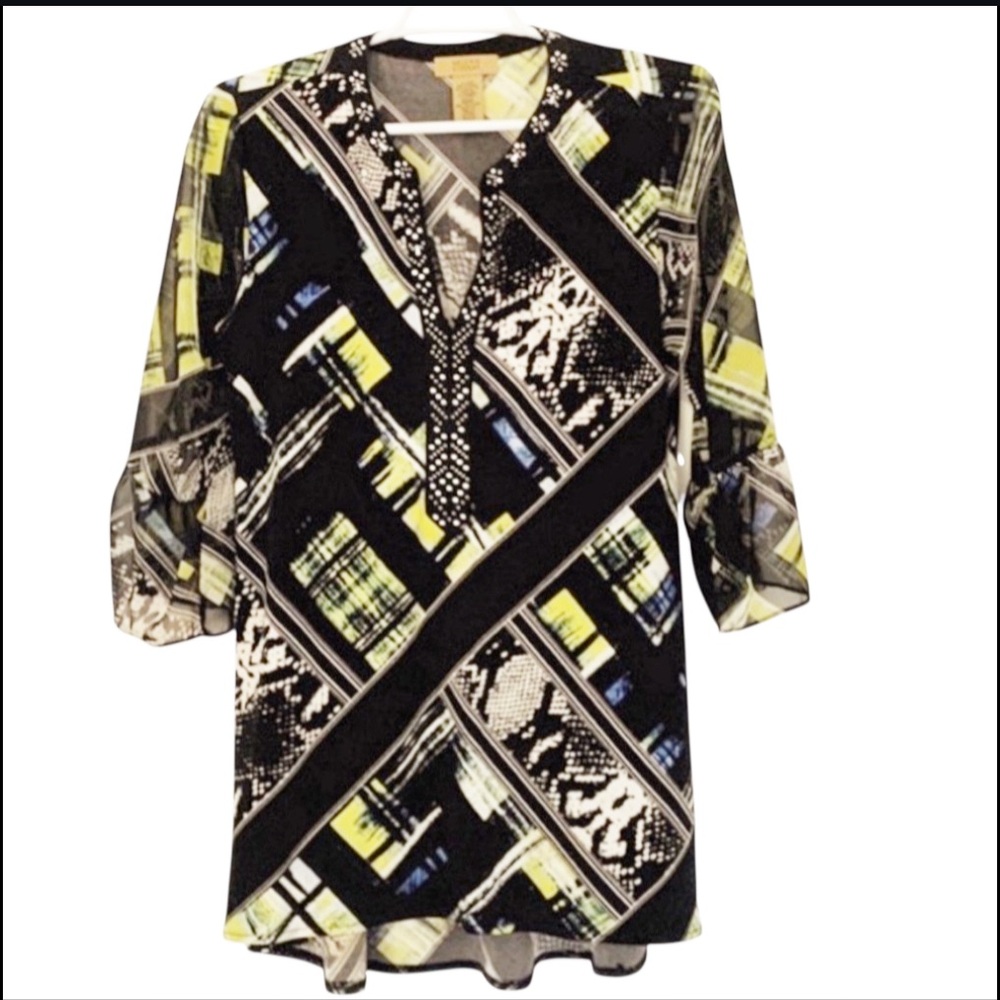 VALERIE STEVENS SHIRT DRESS TUNIC TOP EMBELLISHED V NECK BLACK BELL SLEEVE